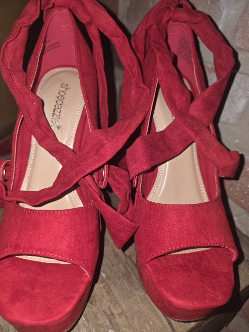 Shoe Dazzle Red Suede Wrap-Heel Platform Sandals